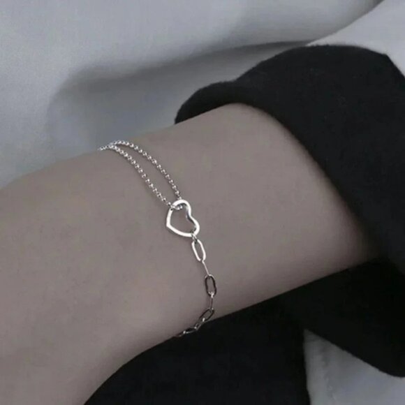 925 Sterling Silver Dainty Heart Bead Chain Link Bracelet - Picture 1 of 7